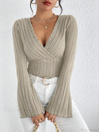 V-neck Striped Long Sleeve Knit Sweater image 1