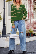 V-neck Striped Sweater with Lapel image 11