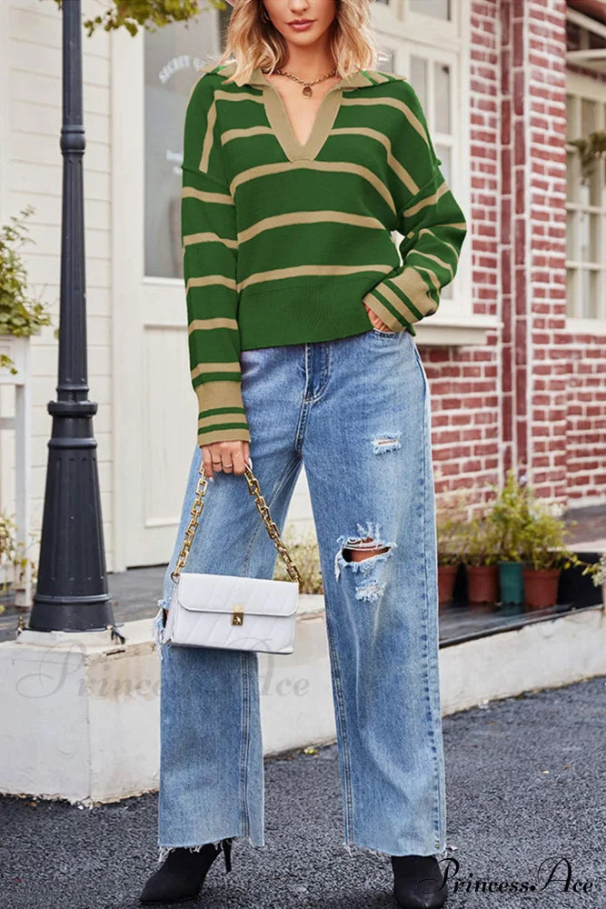 V-neck Striped Sweater with Lapel image 11