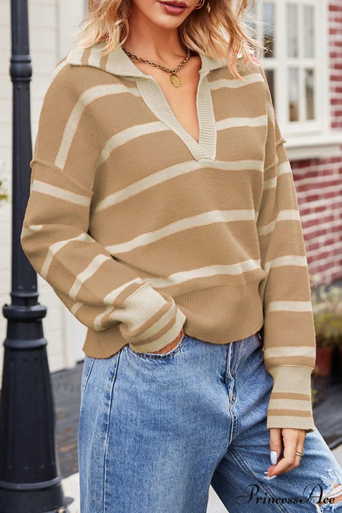 V-neck Striped Sweater with Lapel image 9