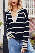 V-neck Striped Sweater with Lapel image 5