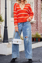 V-neck Striped Sweater with Lapel image 3