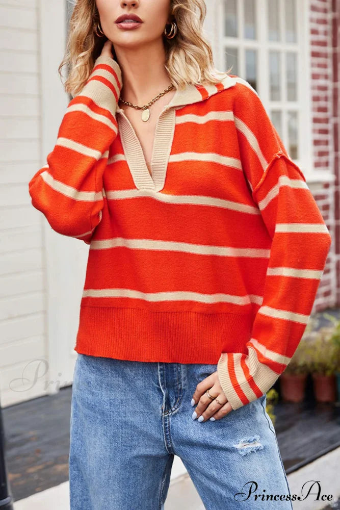 V-neck Striped Sweater with Lapel image 4
