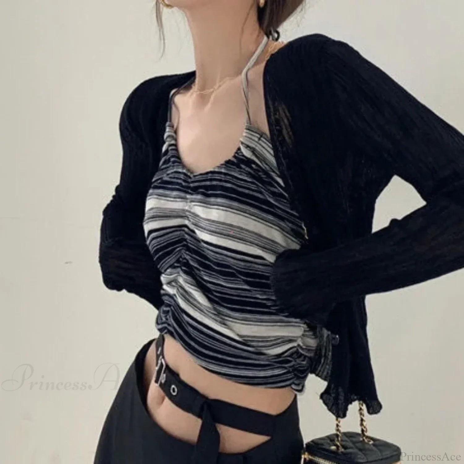 V-Neck Thin Long Sleeve Sunscreen Casual Black White Cardigan image 4