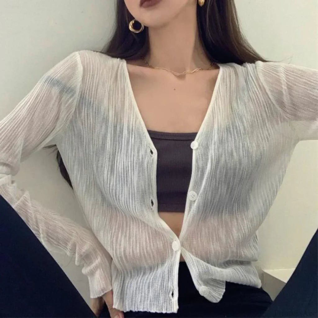 V-Neck Thin Long Sleeve Sunscreen Casual Black White Cardigan image 1
