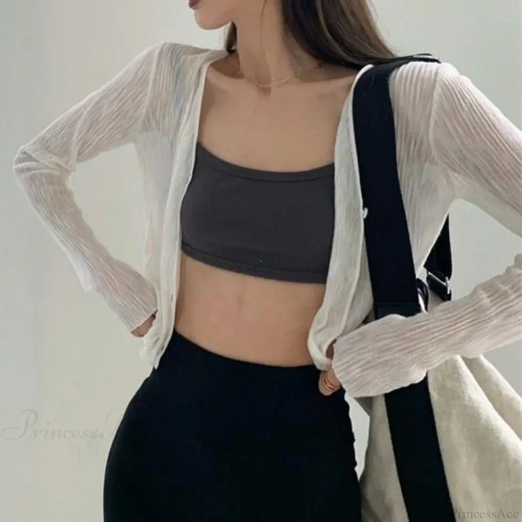 V-Neck Thin Long Sleeve Sunscreen Casual Black White Cardigan image 3