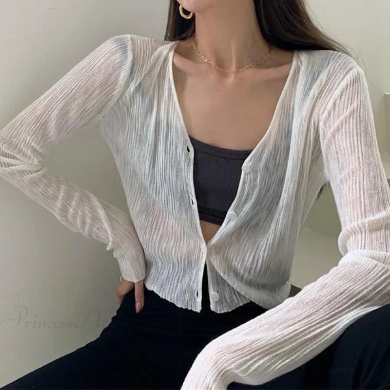 V-Neck Thin Long Sleeve Sunscreen Casual Black White Cardigan image 2
