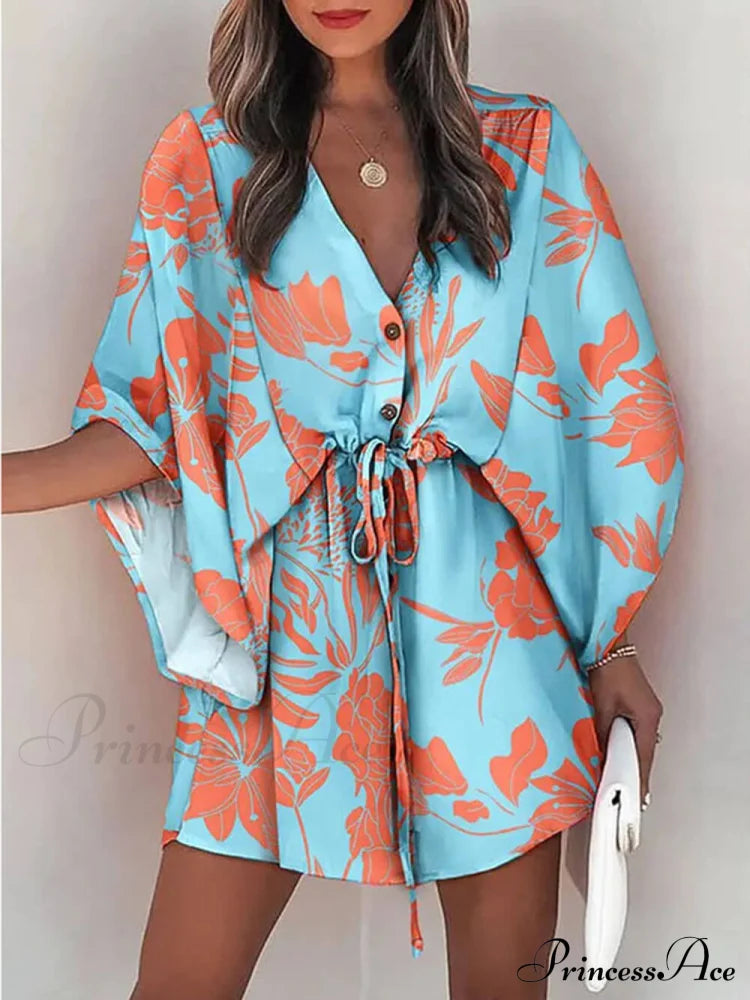 V-Neck Tie Printed Charming Batwing Sleeve Dress image 4