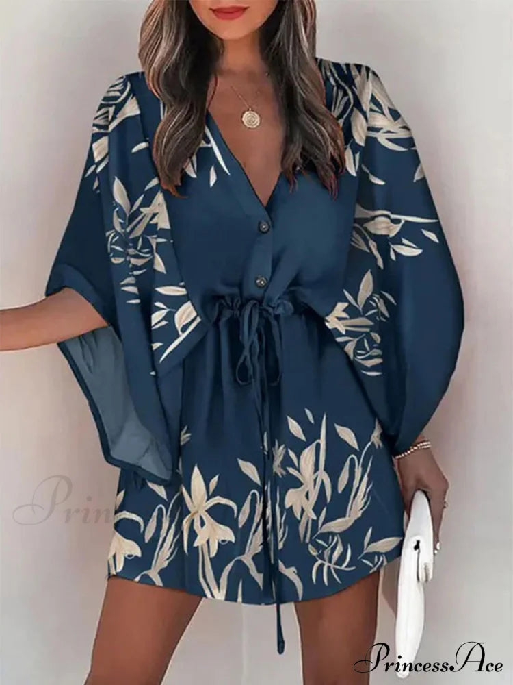 V-Neck Tie Printed Charming Batwing Sleeve Dress image 3