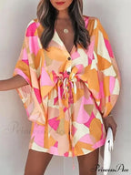 V-Neck Tie Printed Charming Batwing Sleeve Dress image 1