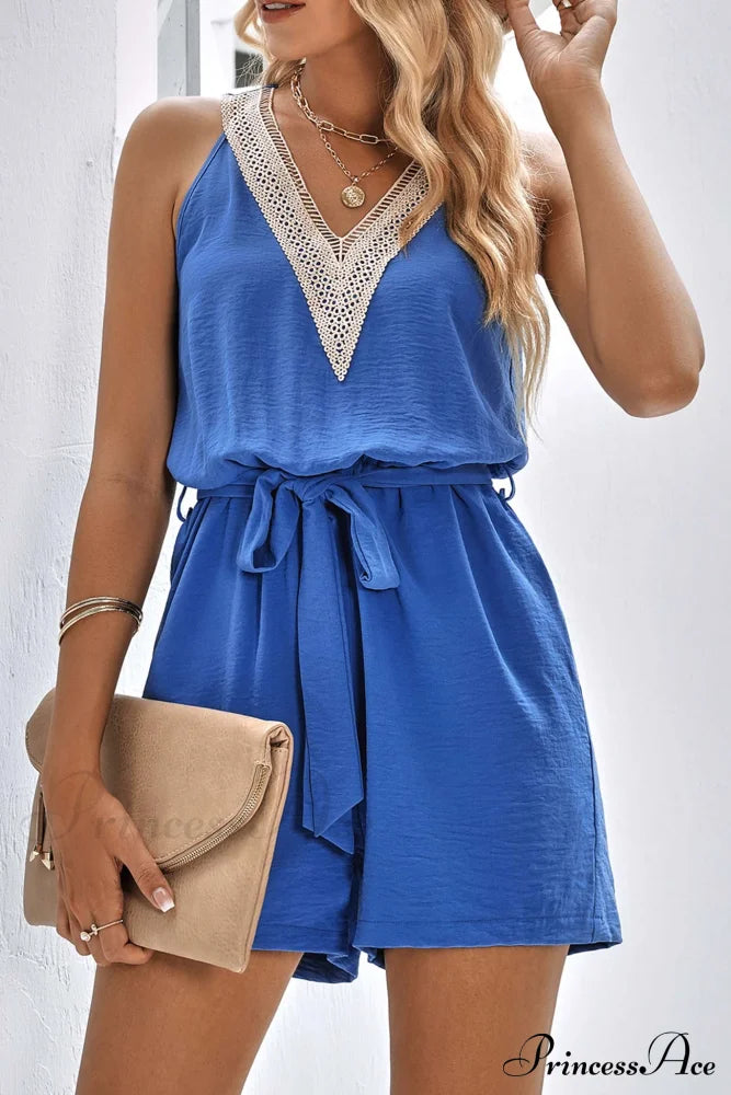 V Neck Tie-waist Rompers with Lacework image 5