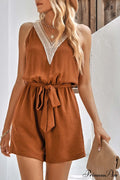 V Neck Tie-waist Rompers with Lacework image 1