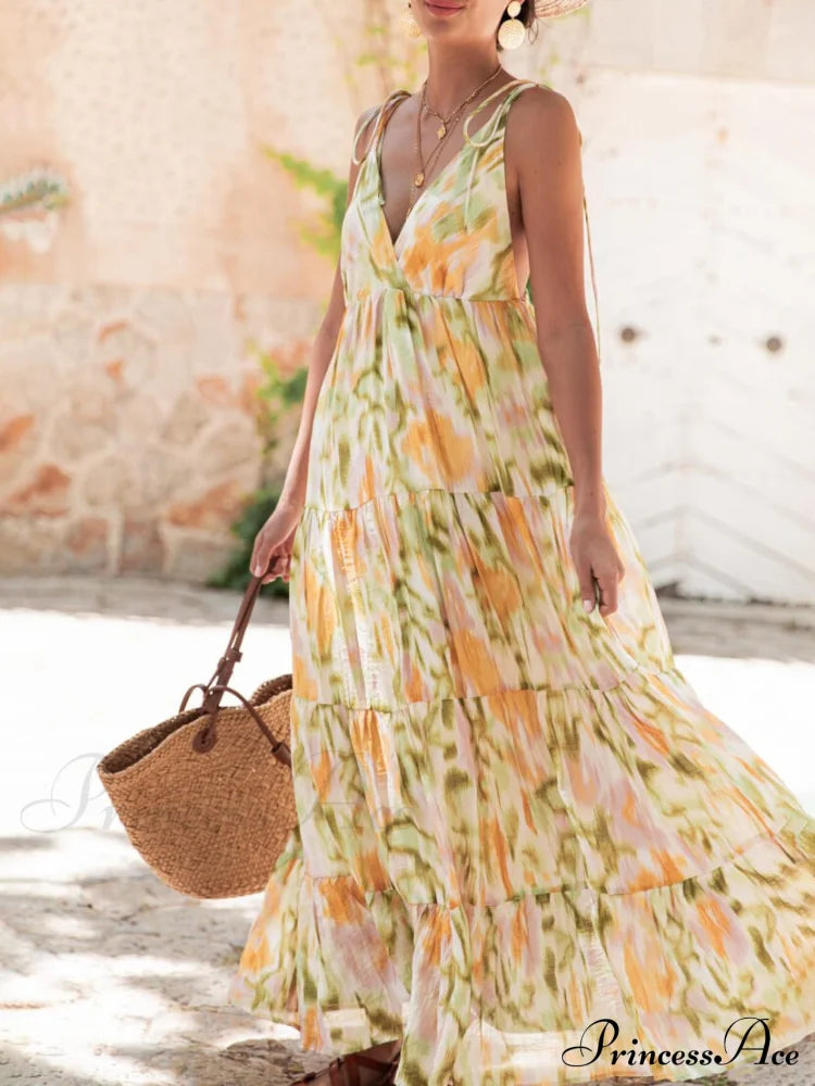 Vacation Casual Loose Tie-Dye Floral Trendy V-Neck Waist Slimming Midi Dress image 4