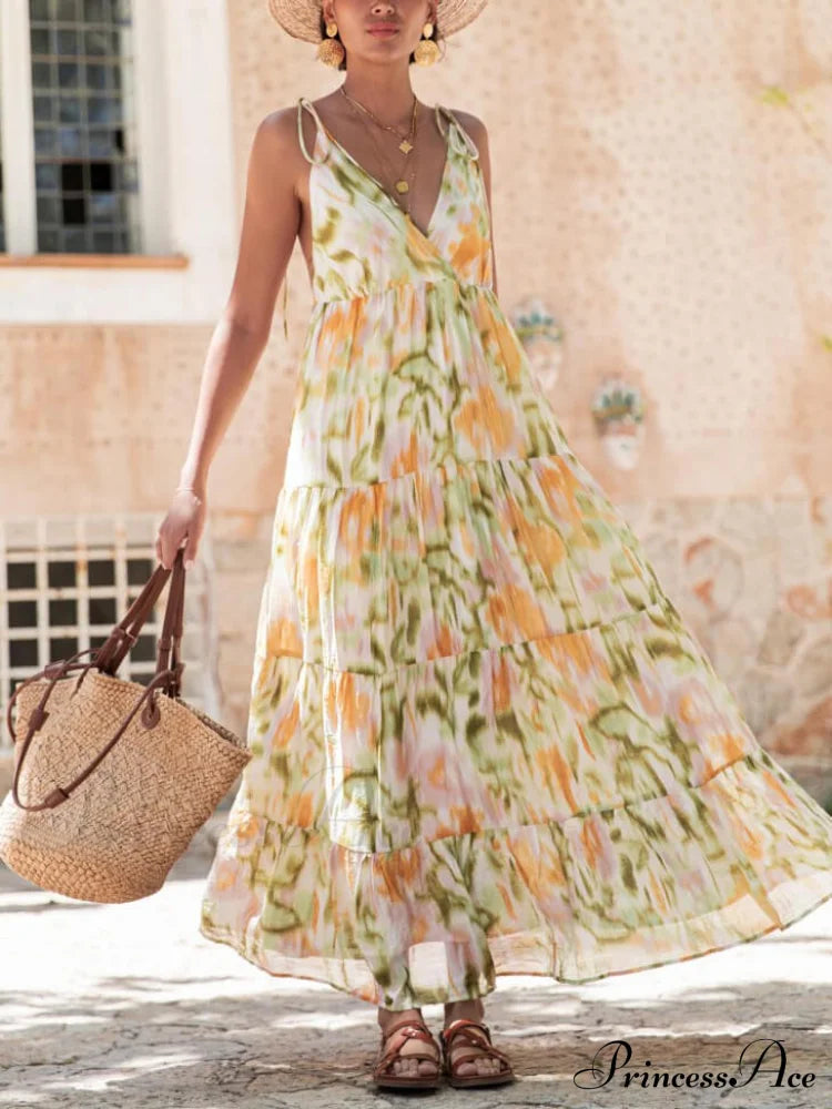 Vacation Casual Loose Tie-Dye Floral Trendy V-Neck Waist Slimming Midi Dress image 3