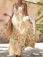 Vacation Casual Loose Tie-Dye Floral Trendy V-Neck Waist Slimming Midi Dress image 1