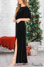 Velvet Crew Neck Midi Dress with High Slit image 7