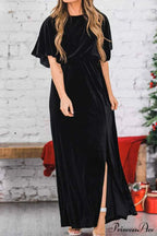 Velvet Crew Neck Midi Dress with High Slit image 6