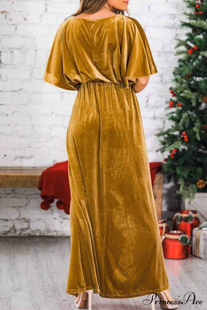 Velvet Crew Neck Midi Dress with High Slit image 3