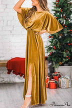 Velvet Crew Neck Midi Dress with High Slit image 1