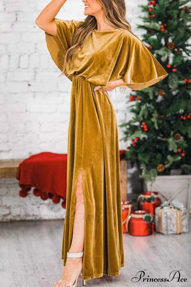Velvet Crew Neck Midi Dress with High Slit image 1