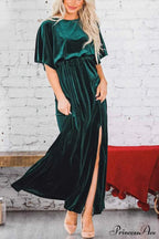 Velvet Crew Neck Midi Dress with High Slit image 8
