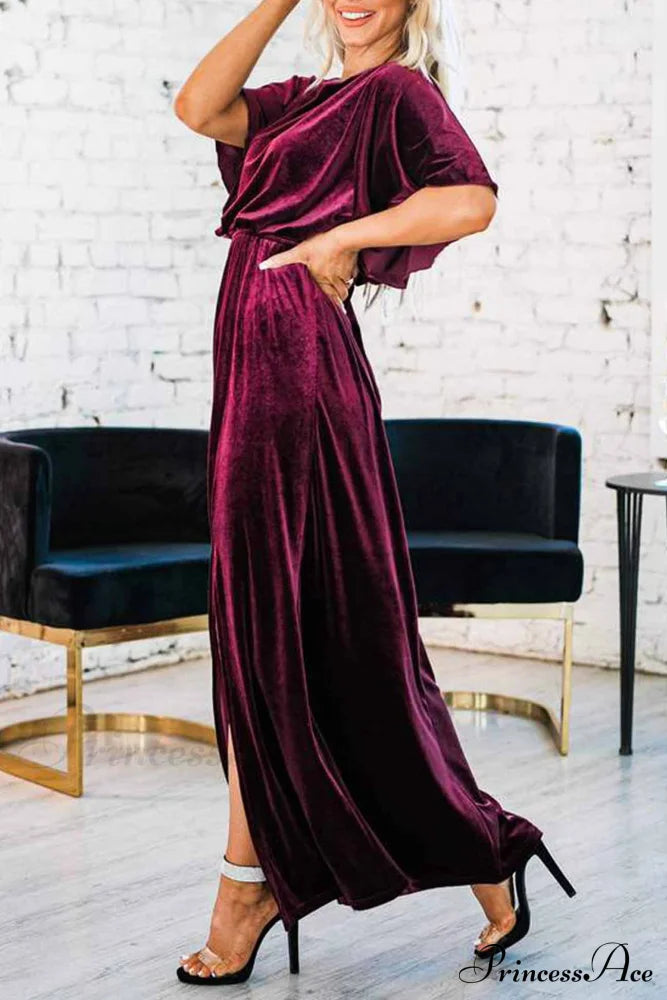 Velvet Crew Neck Midi Dress with High Slit image 5