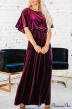 Velvet Crew Neck Midi Dress with High Slit image 4