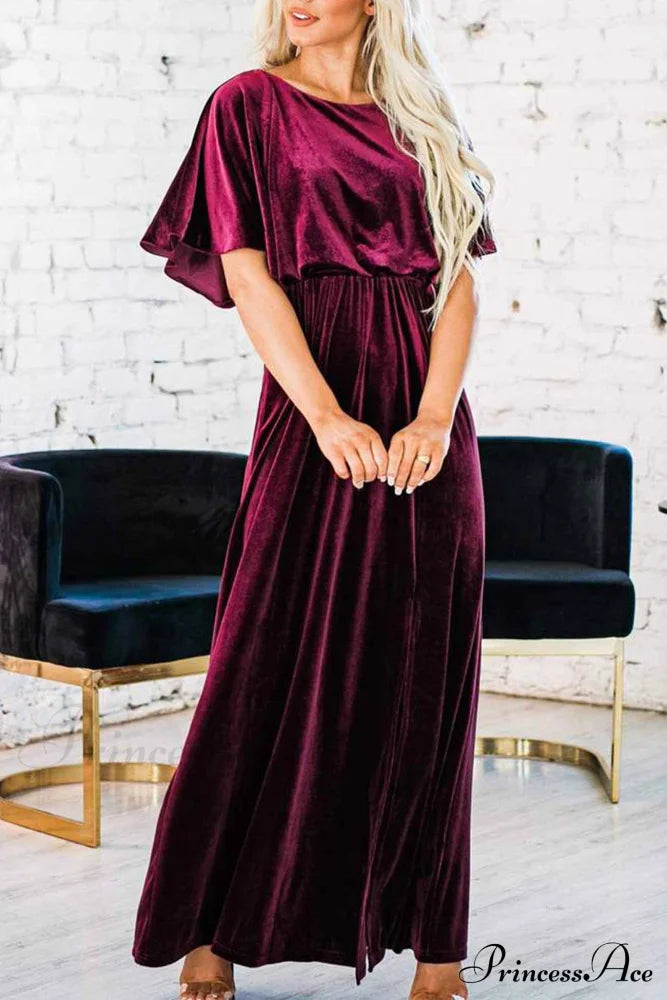 Velvet Crew Neck Midi Dress with High Slit image 4
