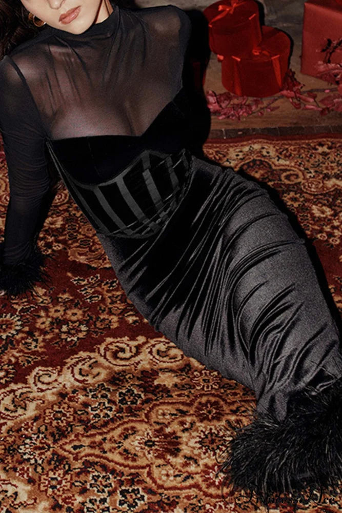 Velvet Patchwork Fuzzy Hem Slit Dress image 2