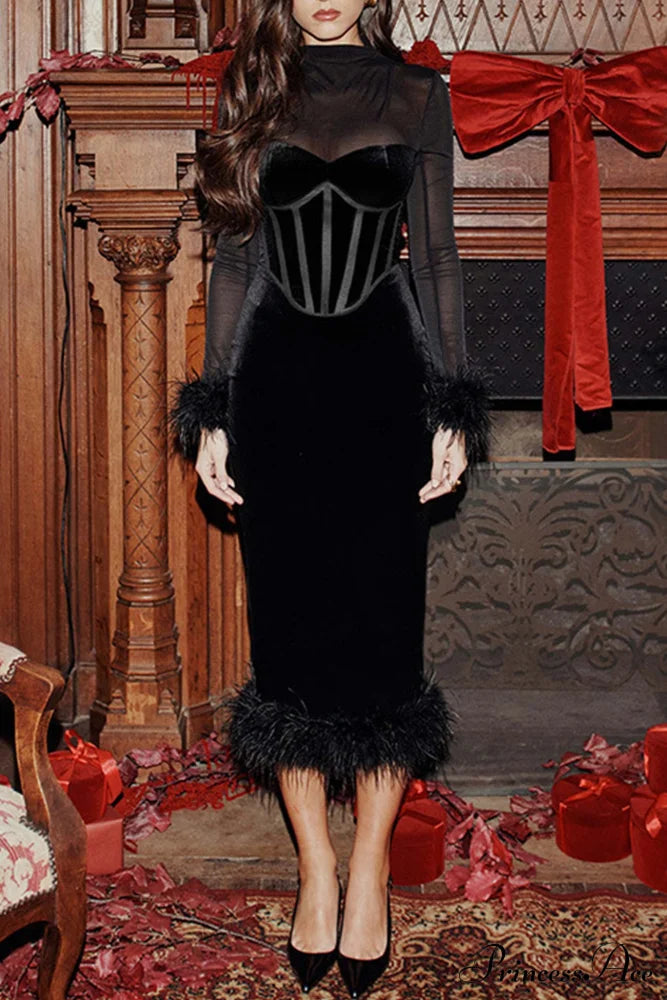 Velvet Patchwork Fuzzy Hem Slit Dress image 1