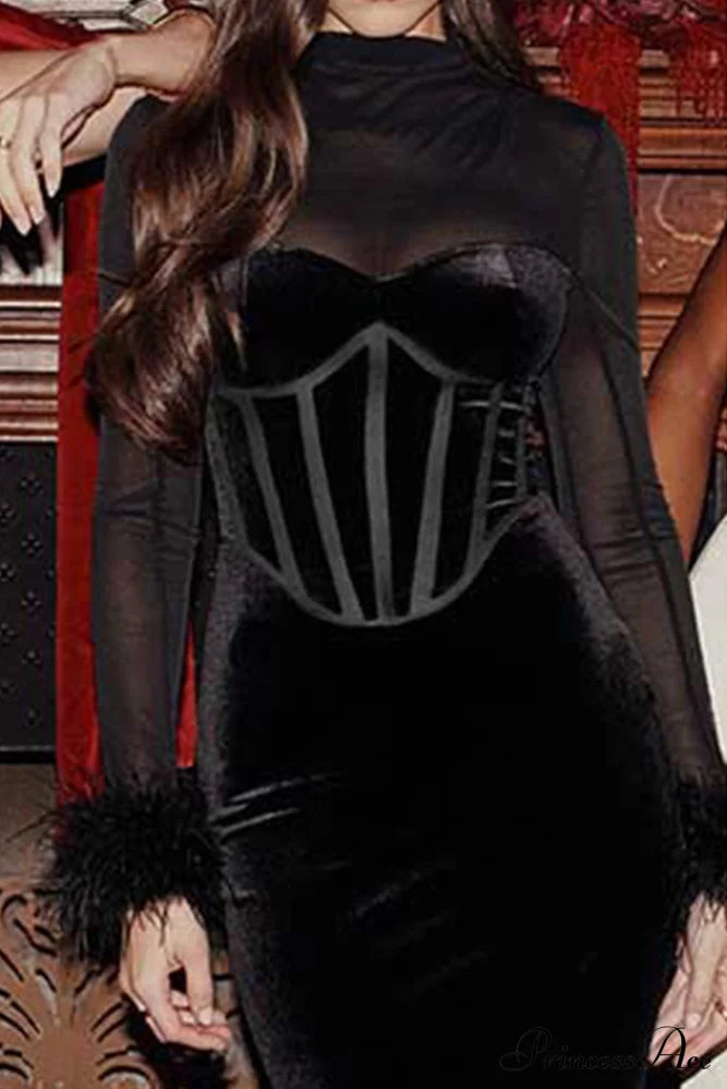 Velvet Patchwork Fuzzy Hem Slit Dress image 5