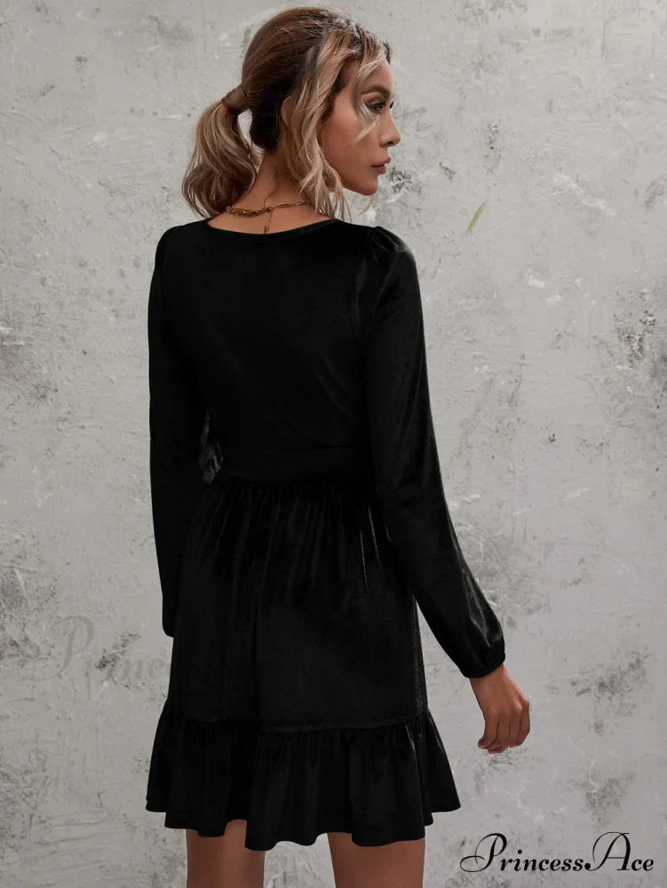 Velvet Ruffled Dress with Deep V-Neck and Puff Sleeves image 9