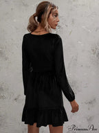 Velvet Ruffled Dress with Deep V-Neck and Puff Sleeves image 9