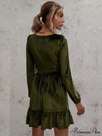 Velvet Ruffled Dress with Deep V-Neck and Puff Sleeves image 6
