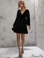 Velvet Ruffled Dress with Deep V-Neck and Puff Sleeves image 8