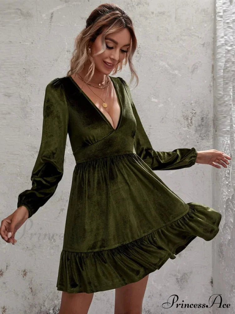 Velvet Ruffled Dress with Deep V-Neck and Puff Sleeves image 5