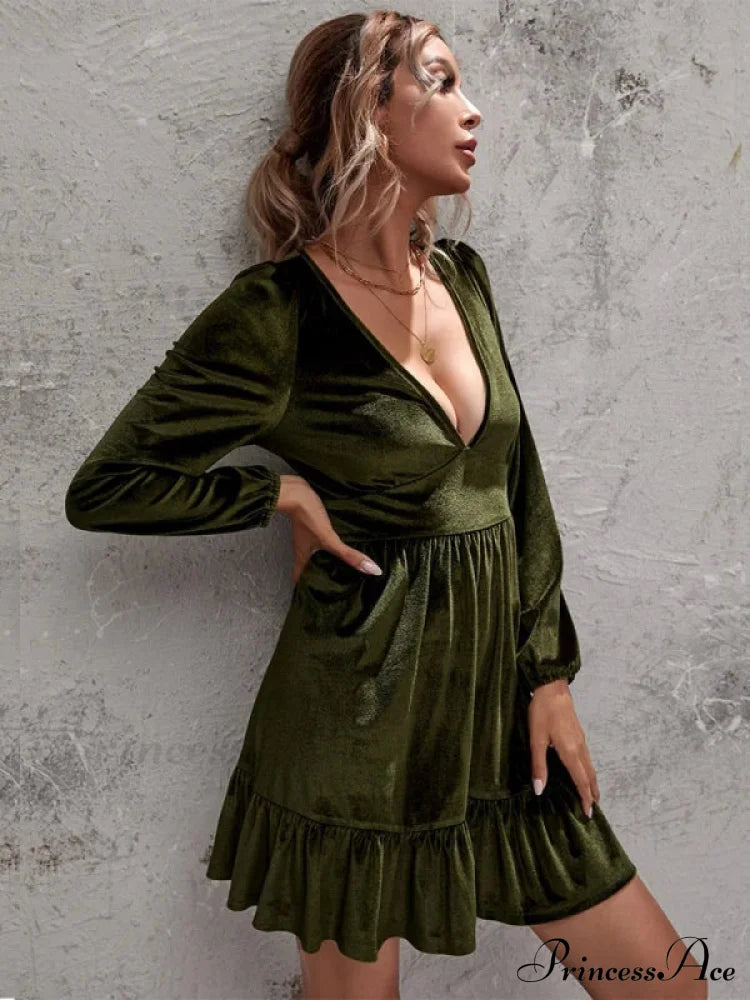 Velvet Ruffled Dress with Deep V-Neck and Puff Sleeves image 7