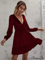 Velvet Ruffled Dress with Deep V-Neck and Puff Sleeves image 2
