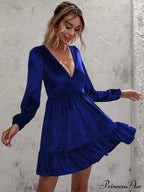 Velvet Ruffled Dress with Deep V-Neck and Puff Sleeves image 4