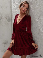 Velvet Ruffled Dress with Deep V-Neck and Puff Sleeves image 1