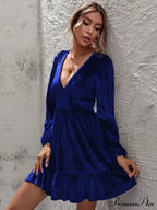 Velvet Ruffled Dress with Deep V-Neck and Puff Sleeves image 3