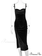 Velvet Swing Collar Sleeveless Sexy Slit Midi Dress image 5
