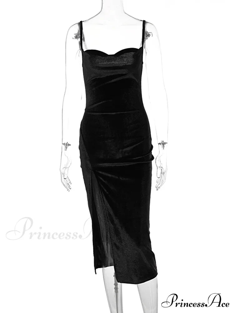 Velvet Swing Collar Sleeveless Sexy Slit Midi Dress image 5