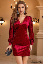 Velvet V Neck Sexy Bodycon Party Dress image 2