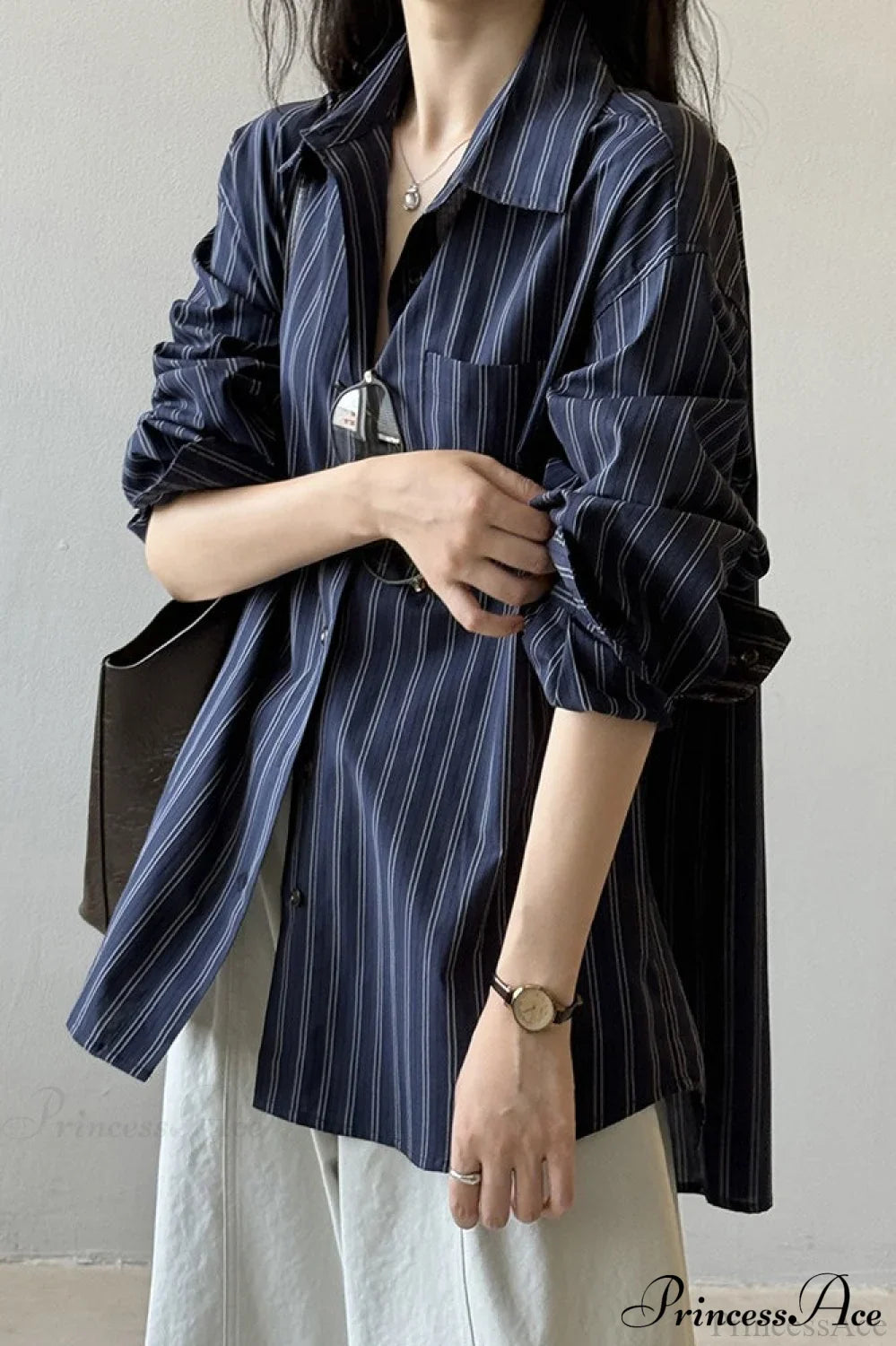 Vertical Stripe Long-Sleeve Cotton Loose Blouse image 1