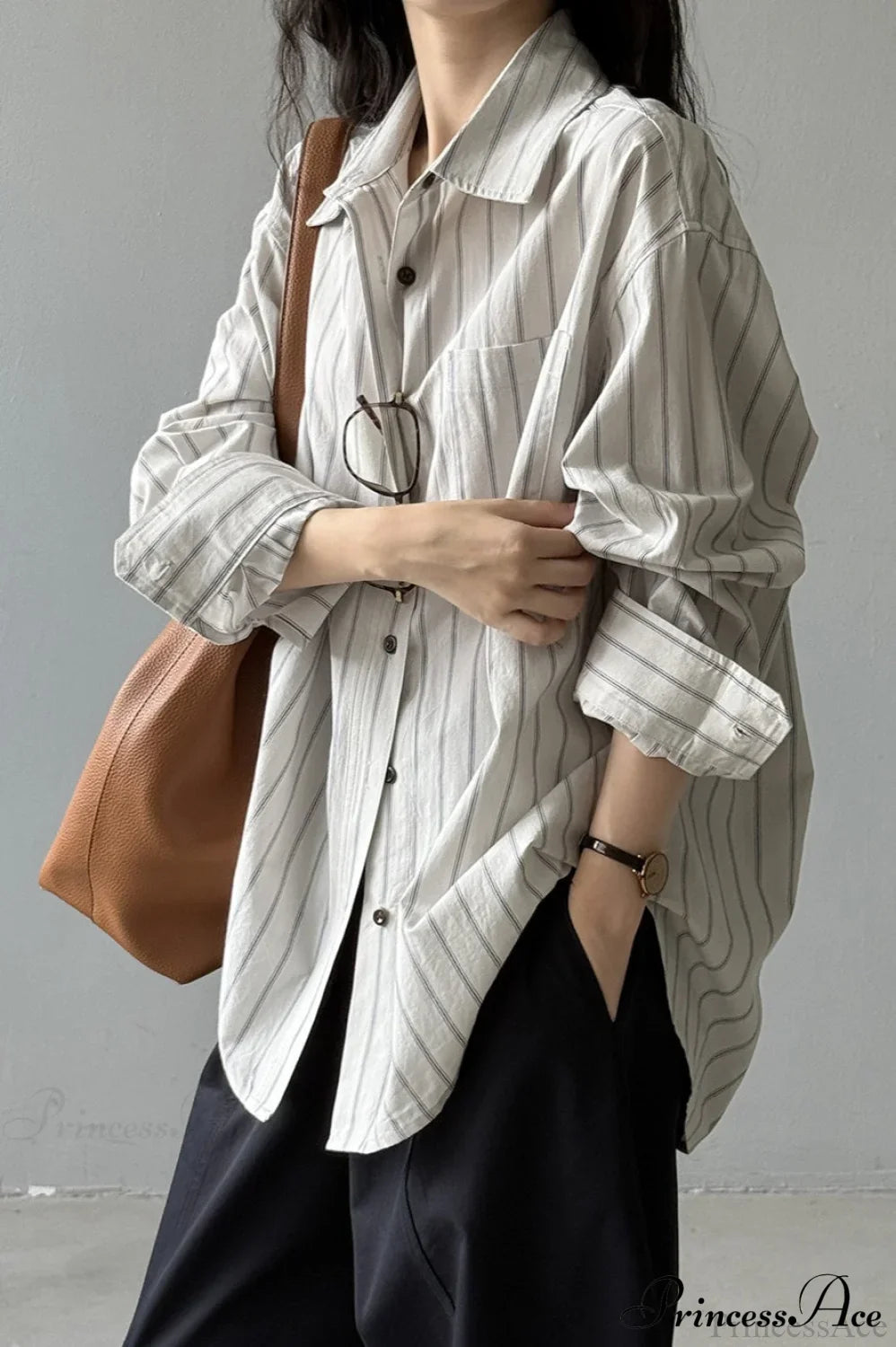 Vertical Stripe Long-Sleeve Cotton Loose Blouse image 8