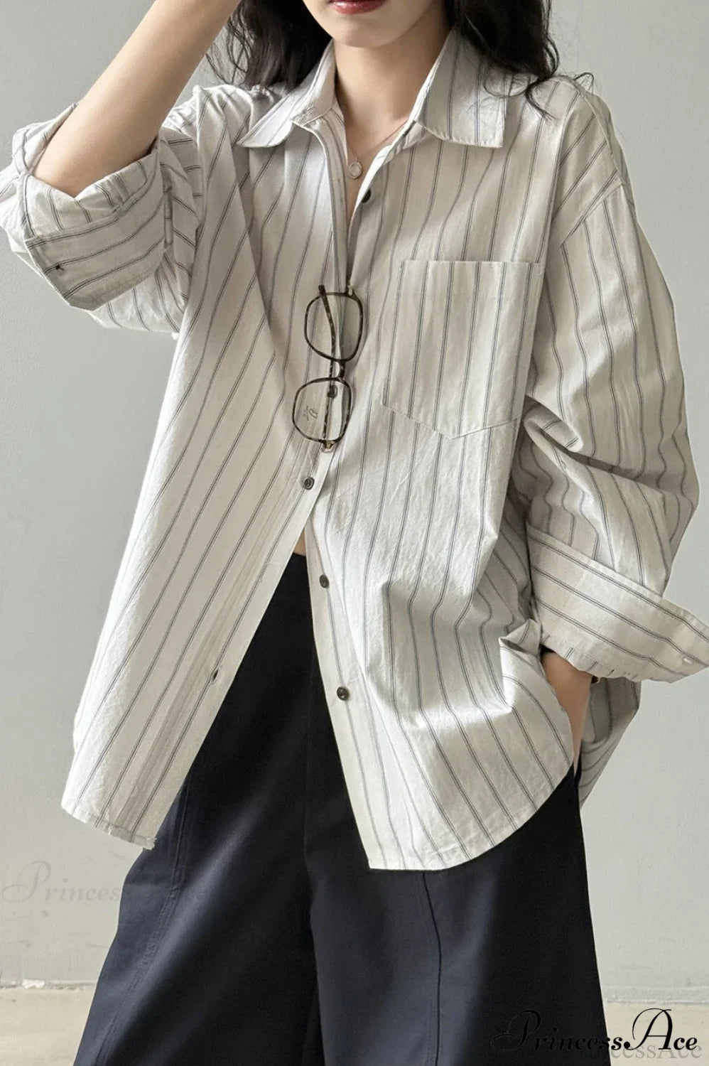 Vertical Stripe Long-Sleeve Cotton Loose Blouse image 7