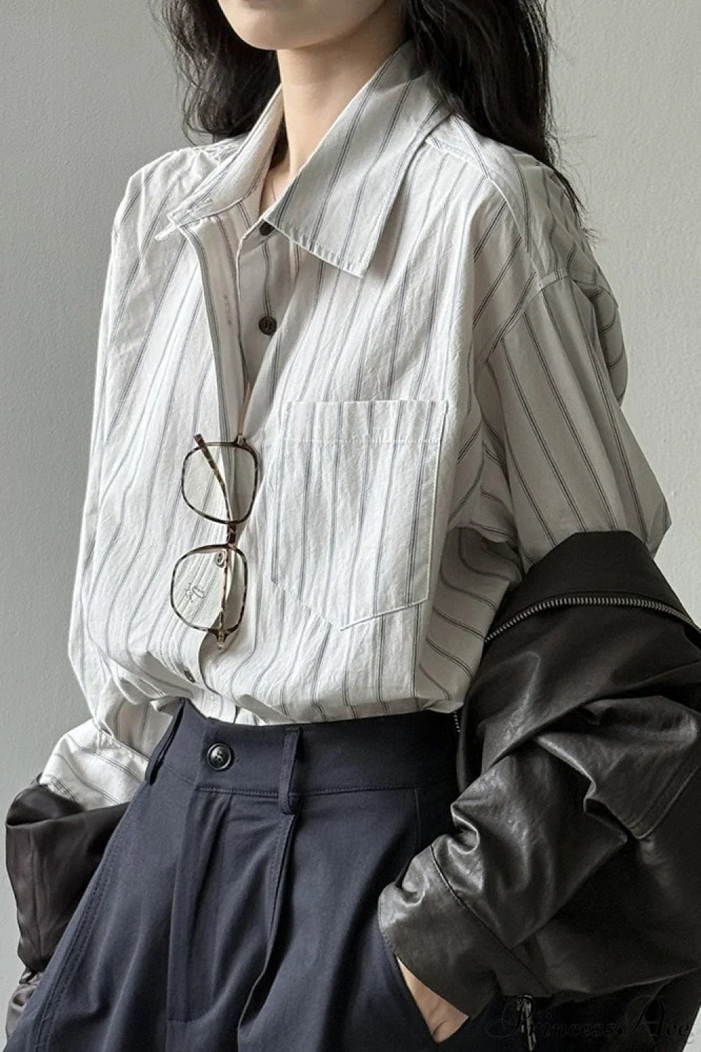 Vertical Stripe Long-Sleeve Cotton Loose Blouse image 6