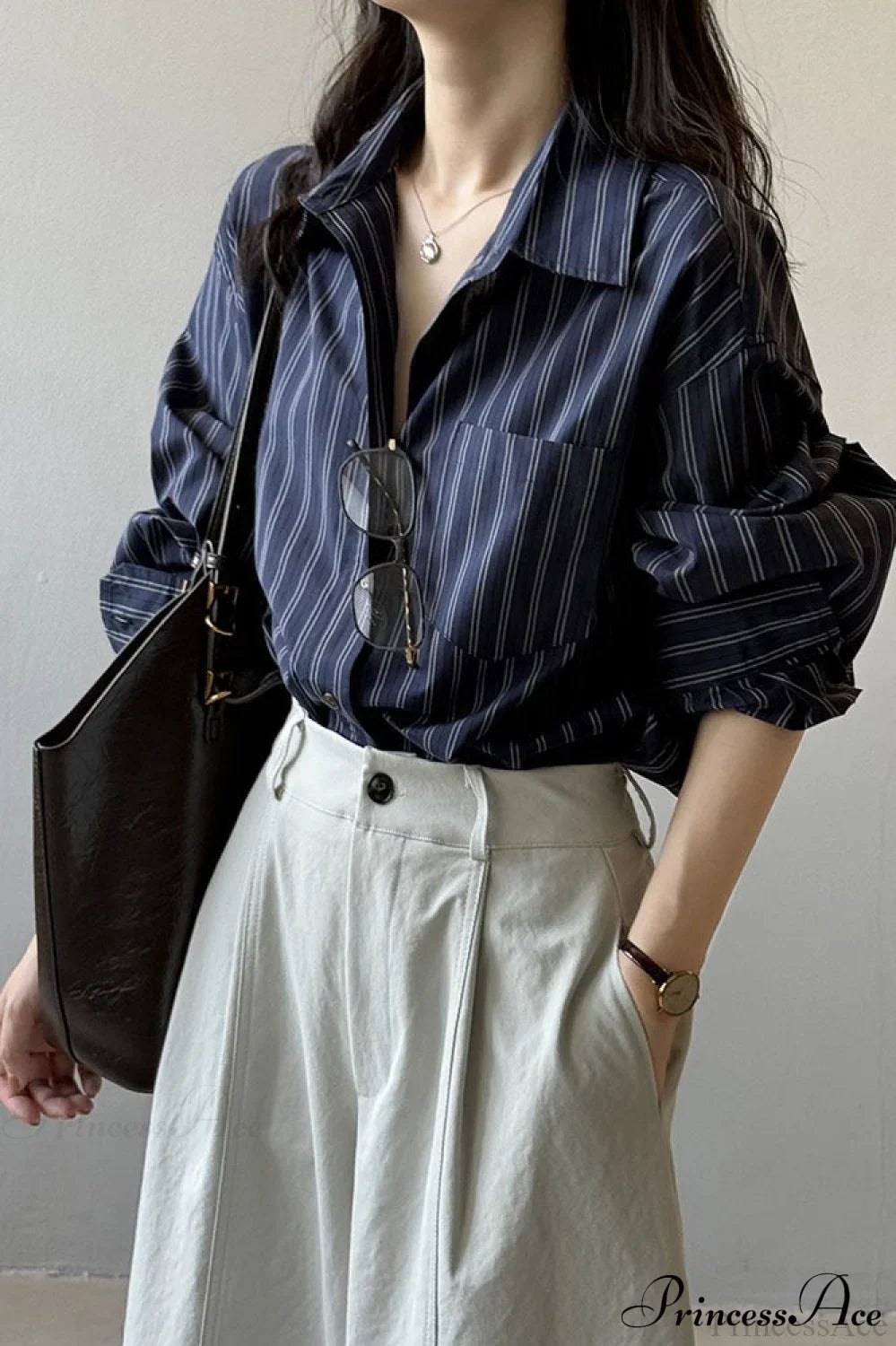 Vertical Stripe Long-Sleeve Cotton Loose Blouse image 4