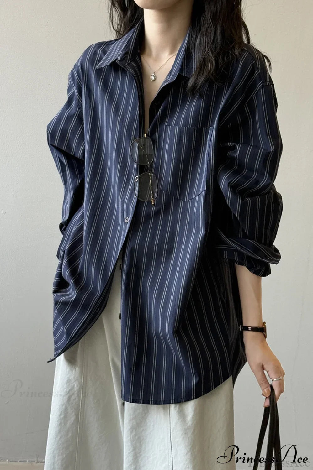 Vertical Stripe Long-Sleeve Cotton Loose Blouse image 3